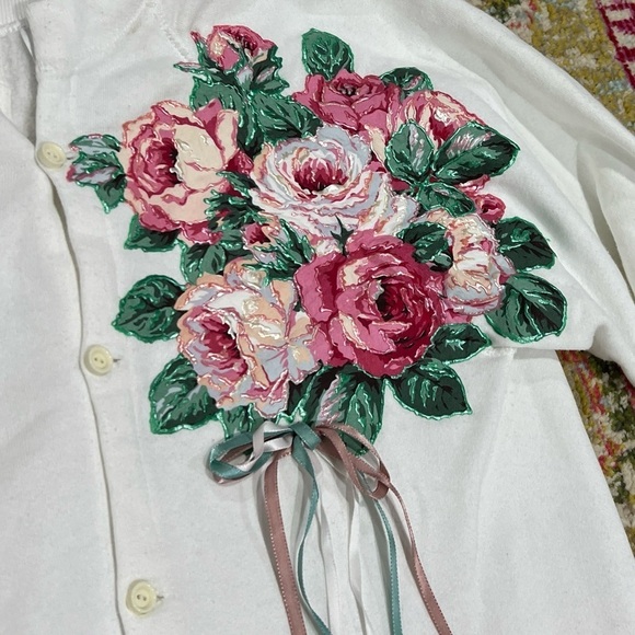 Vintage 1980s Floral Flower Button Up Grandma Ugly Sweater Sweatshirt - Picture 3 of 6